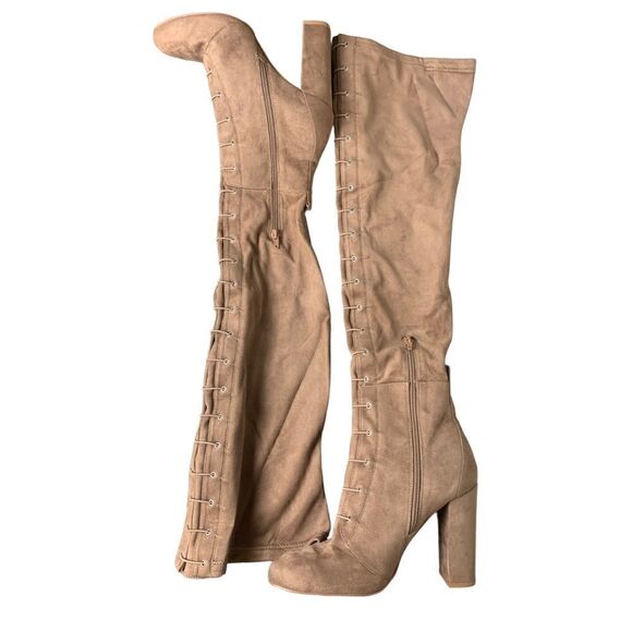 Chinese Laundry Tan Suede Over the Knee Boots tie in front 9 - Picture 2 of 8